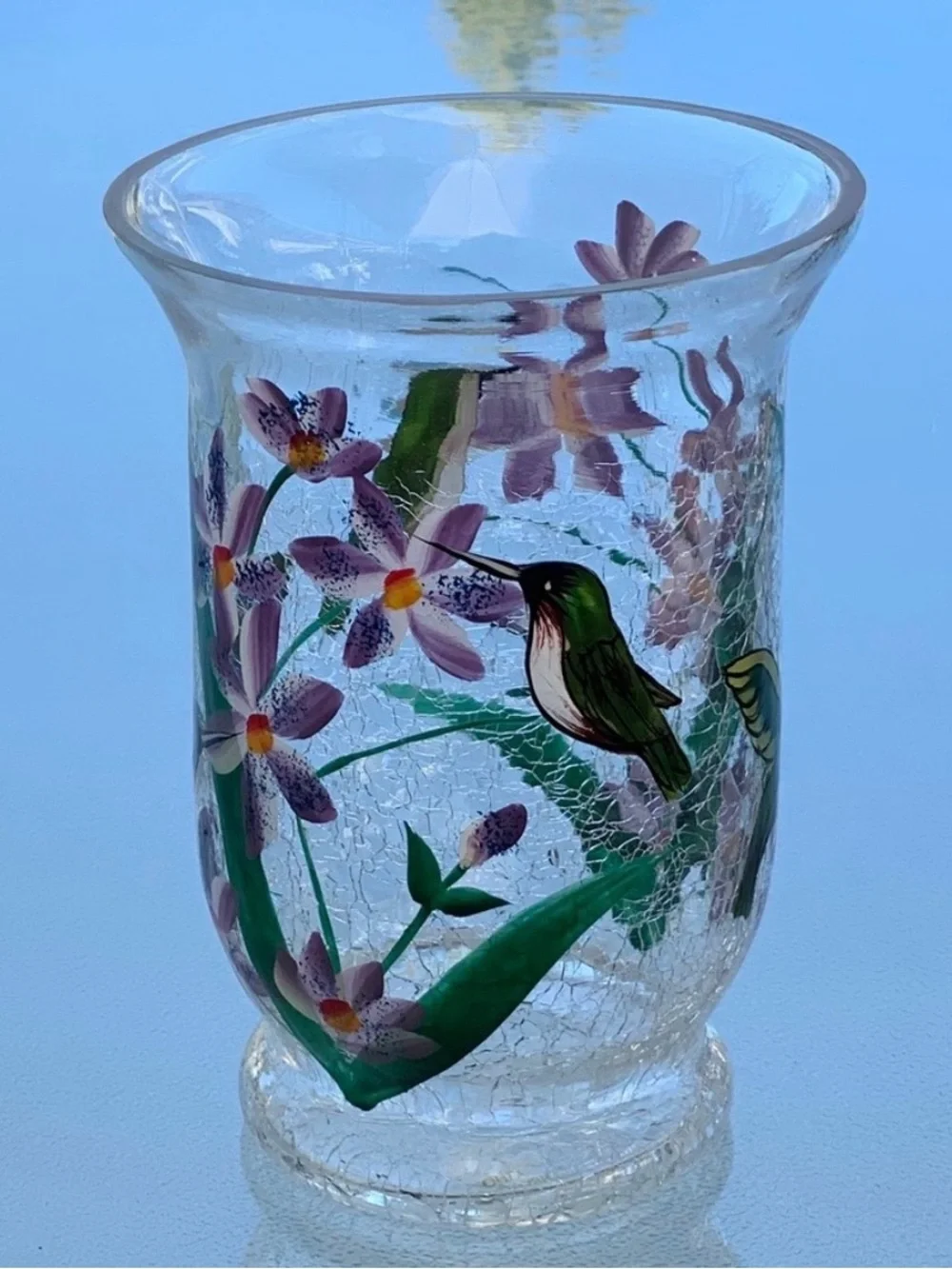 Fifth Avenue Crystal Hummingbird Crackle Glass 6” Hurricane Candle Holder